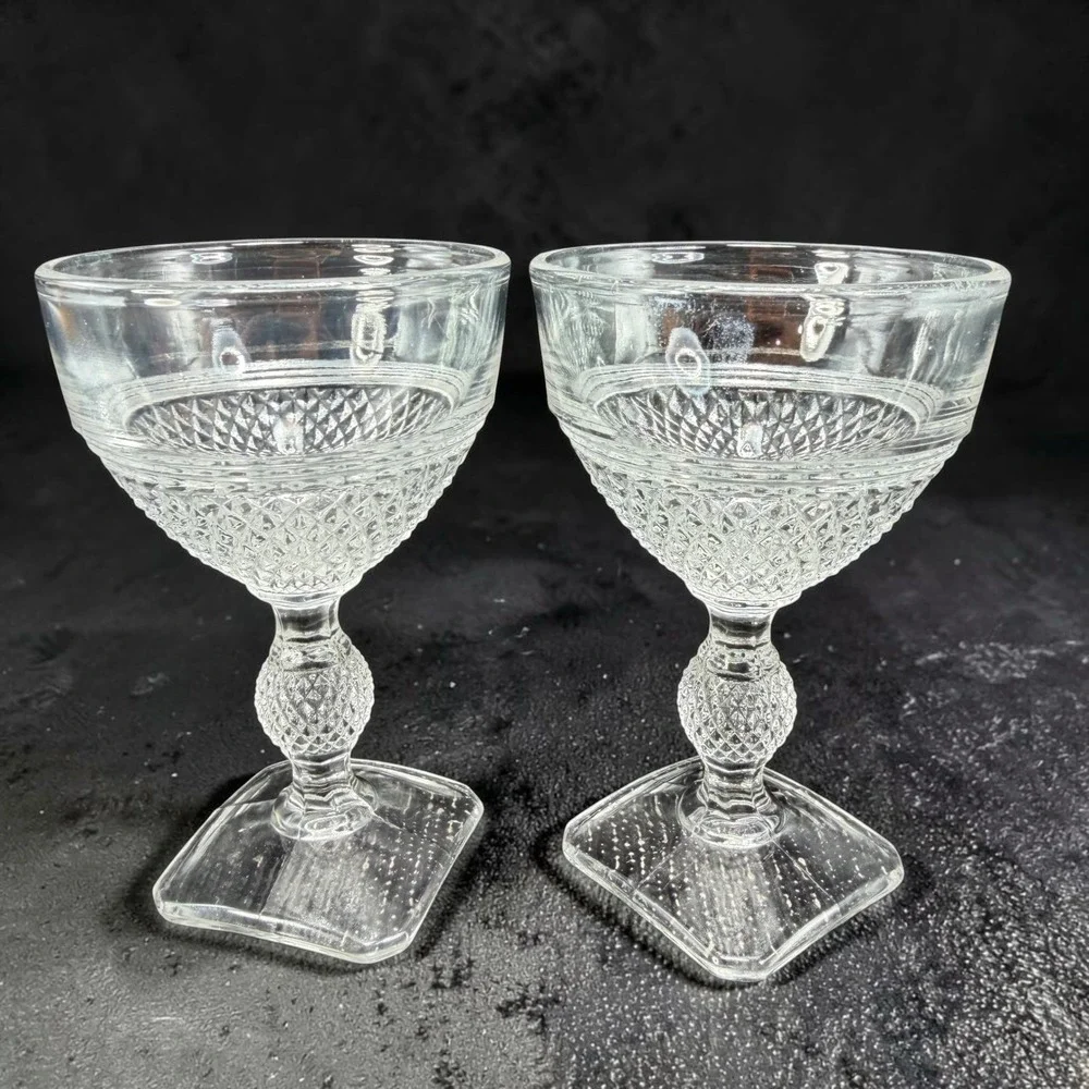 Cambridge‎ MOUNT VERNON Clear Glass Diamond Point Goblets Square Base Set 2 Cups